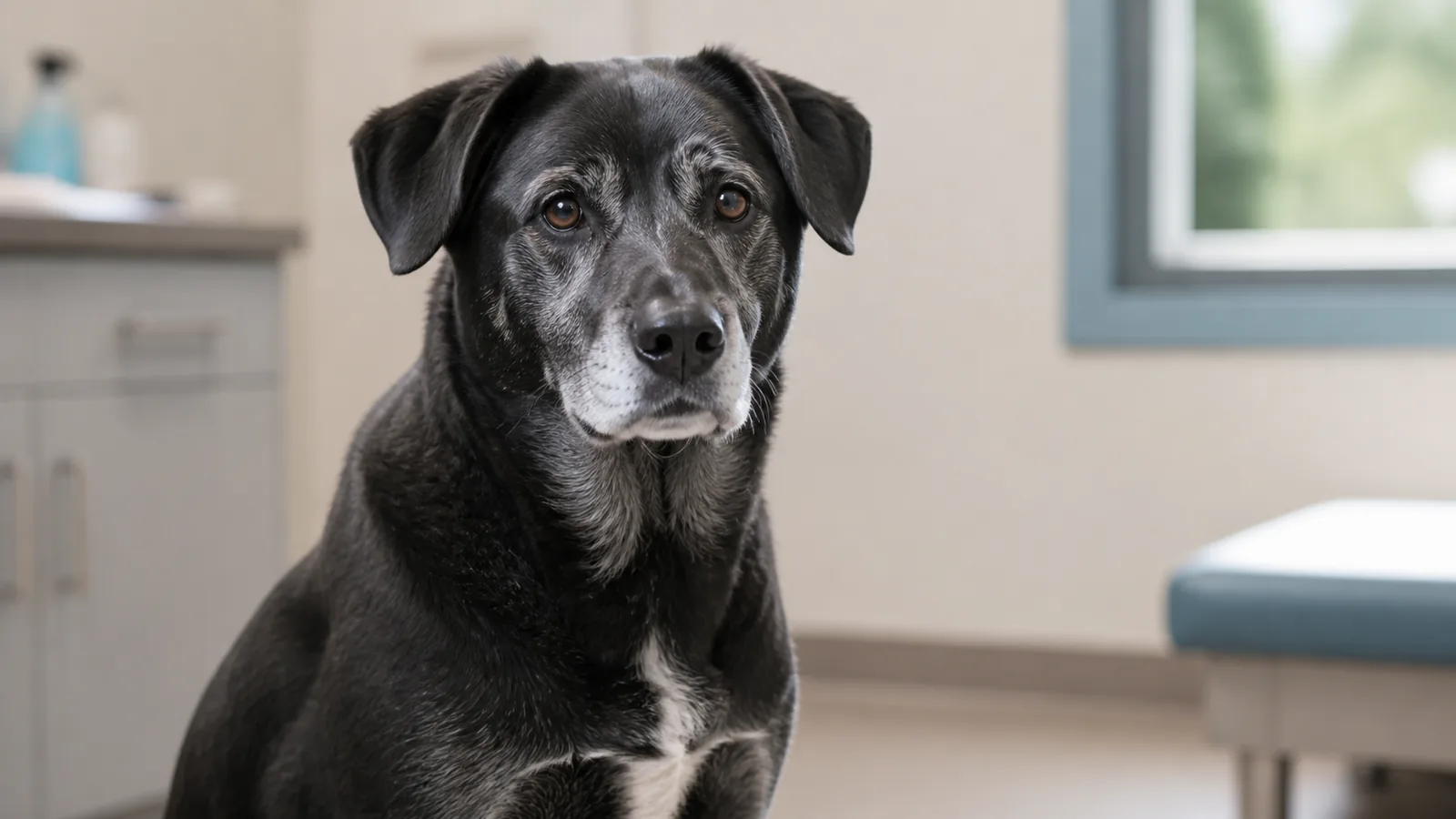 Senior, medium-sized black mixed-breed dog sitting indoors during a calm veterinary checkup.